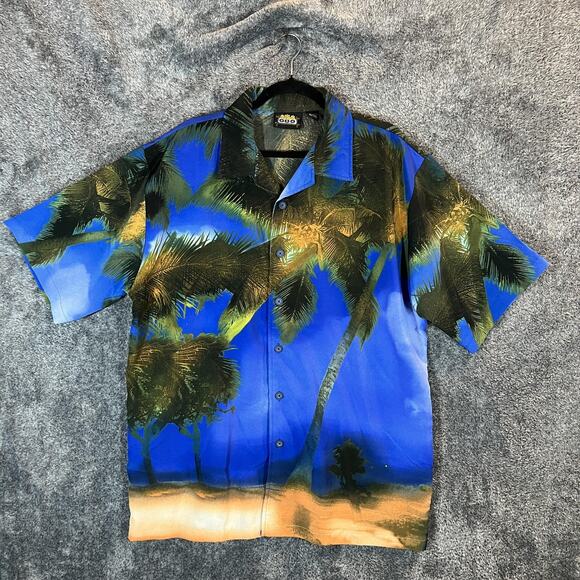 ODO Hawaiian Shirt Mens XL Palm Tree Beach Tropical Button Up Polyester Vintage - Picture 1 of 7